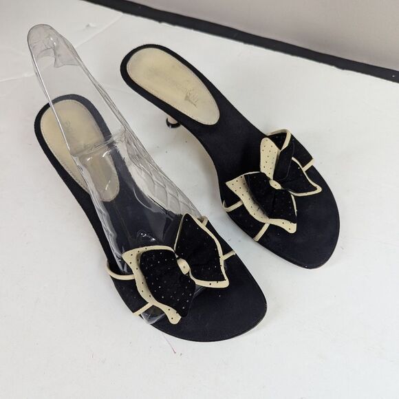 Enzo Angiolini Black Leather Kitten Heel Mules Size 7 Bow Detail - Picture 1 of 1